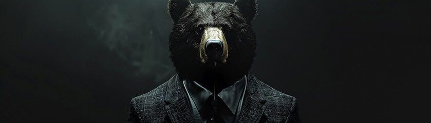 Bear headed mens suit, dark style, godfather image, top ligh
