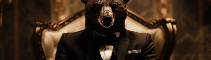 Bear headed mens suit, dark style, godfather image, top light, movie level image - obrazy, fototapety, plakaty