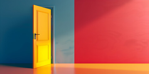 A yellow door is open in a blue room with a floor lamp,