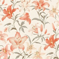 Vibrant Botanical Lily Floral Pattern with Tropical Petals and Leaves