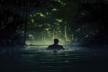 Traveler swimming in the water, on the edge of a cliff among the jungle, foliage and mountains. Concept of unity with freedom, nature and health.