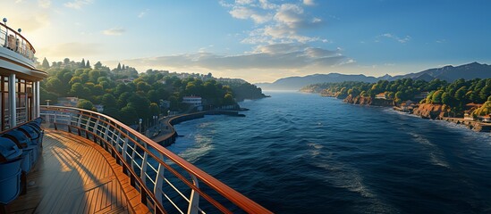 View from the deck of a cruise ship at sunset. Beautiful seascape. - obrazy, fototapety, plakaty