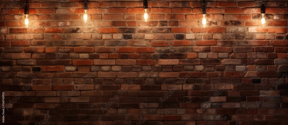 Poster the brick wall is accented with a string of brown and amber lights, creating a warm and inviting atm