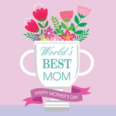 Happy mother's day card design with flowers on the trophy