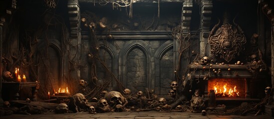 Background of mystical dark interior of medieval room with large wooden door and skull on table against an ancient stone wall