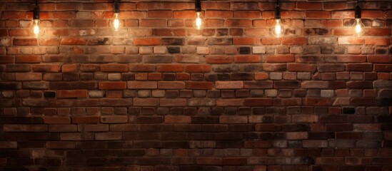 The brick wall is accented with a string of Brown and Amber lights, creating a warm and inviting atmosphere. The combination of Wood and Brickwork adds a touch of elegance to the event space - obrazy, fototapety, plakaty