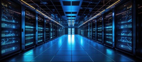 Azure engineering building with a long hallway filled with electric blue servers in parallel symmetry. The flooring is made of composite material, creating a fixture of rectangles