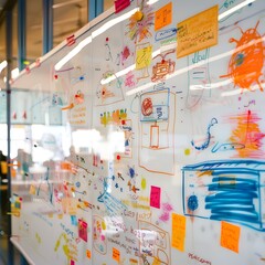 Vibrant Whiteboard Covered in Colorful Ideas and Insights for Collaborative Problem-Solving and Strategic Planning