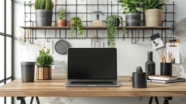 A minimalist office desk with a laptop and industrial-themed accessories such as metal organizers and geometric shapes