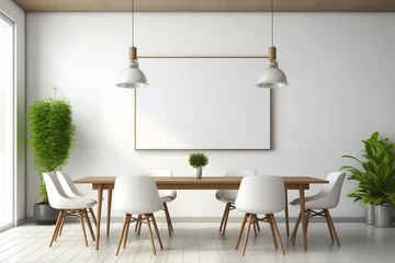 Fototapeten A modern meeting room with a whiteboard wall, pendant lights, and a blank white empty frame. © LOVE ALLAH LOVE