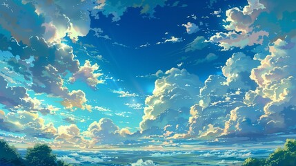 Fototapeta na wymiar A minimalist sky with scattered fluffy clouds, symbolizing freedom and lightness. Generative AI