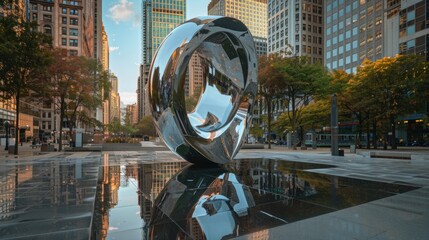 A reflective sculpture in a plaza mirroring the surrounding city buildings adding a modern and...
