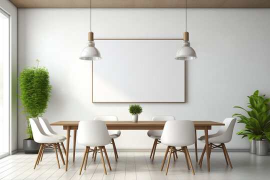 A modern meeting room with a whiteboard wall, pendant lights, and a blank white empty frame.