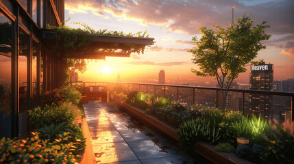 Sunset View from Urban Rooftop Garden - obrazy, fototapety, plakaty
