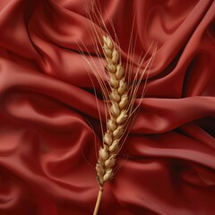Ears of corn on red satin - obrazy, fototapety, plakaty
