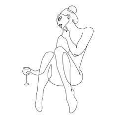 Woman with Wine Glass Continuous One Line Drawing. Woman with Wine Minimalist Illustration. Female Minimal Sketch Drawing. Abstract Single Line, Home Decor, Wall Art. Vector EPS 10