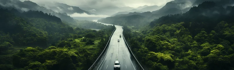 Foto op Aluminium Car driving on the road in the misty rain forest. Panorama © KRIS