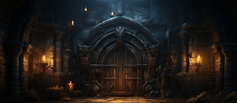 Background of mystical dark interior of medieval room with large wooden door and skull on table against an ancient stone wall