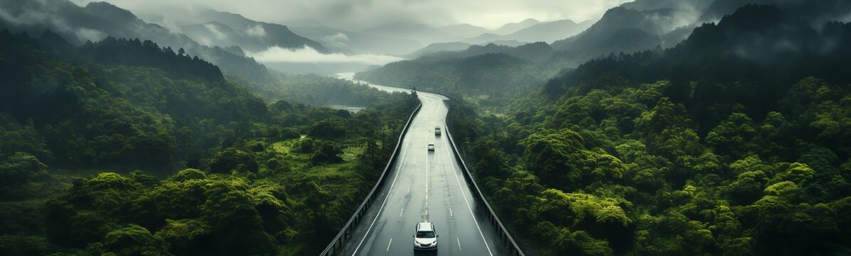 Car driving on the road in the misty rain forest. Panorama