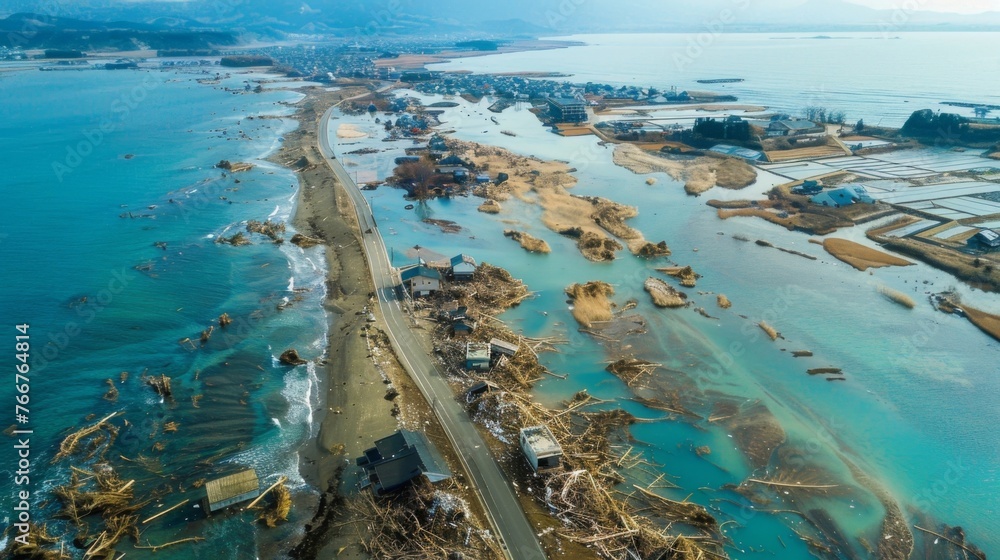 Poster a birds eye view of a ragged coastline with large sections of land now submerged and unrecognizable 