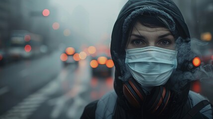  A person wearing a mask outdoors in a polluted city, looking concerned and highlighting the issue of air quality and public heal 