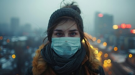  A person wearing a mask outdoors in a polluted city, looking concerned and highlighting the issue of air quality and public heal  - obrazy, fototapety, plakaty