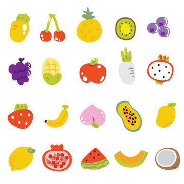 Set of cute fruit and vegetable icon cartoon on white background.Hand drawn collection.Farm.Food.Kawaii.Vector.Illustration.