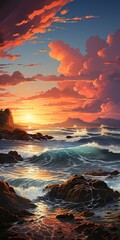 Beautiful sunset over the sea in the tropics. Illustration