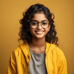 Obraz premium A Indian cute girl in yellow background | Portrait of Young Indian girl