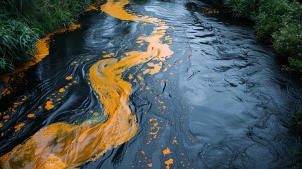 A polluted river or waterway with orange - colored pollutants and waste floating on the surface, illustrating the contamination