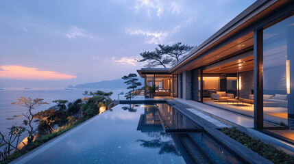 Obraz premium Luxurious Seaside Villa with Infinity Pool at Sunset