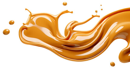 Pouring sweet caramel sauce on white and transparent background