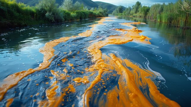 A polluted river or waterway with orange - colored pollutants and waste floating on the surface, illustrating the contamination