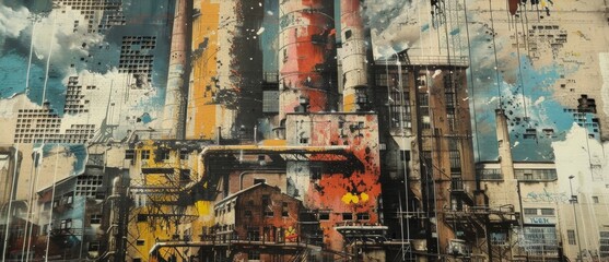 An old factory its smokestacks long abandoned is now a canvas for various artists who have turned its barren walls into a canvas for vibrant and thoughtprovoking pieces. - obrazy, fototapety, plakaty