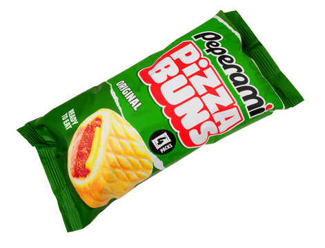 Peperami pizza buns, wheat pastry filled with tomato and herb pizza sauce salami and cheese in a 160g pack containing four pizza buns