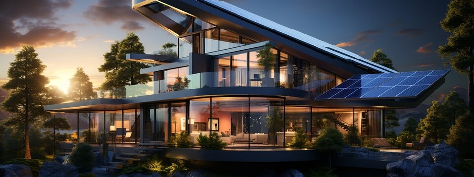 Modern luxury villa with swimming pool at night