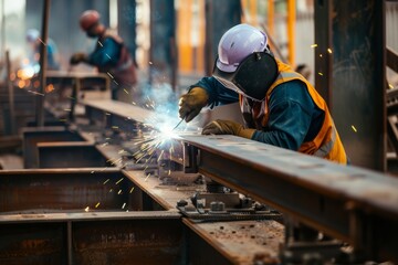 Construction workers welding steel beams together at a construction site, demonstrating the technical skills required in building infrastructure, Generative AI - obrazy, fototapety, plakaty