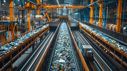 Fototapeta na wymiar A recycling plant with conveyor belts transporting recyclable materials and workers sorting items, demonstrating the recycling process in action 