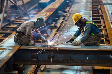 Construction workers welding steel beams together at a construction site, demonstrating the technical skills required in building infrastructure, Generative AI