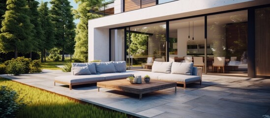 Fototapeta premium There is a cozy patio in front of the house with a comfortable couch and coffee table. The property features lush grass, trees, and a beautiful view of the surrounding real estate