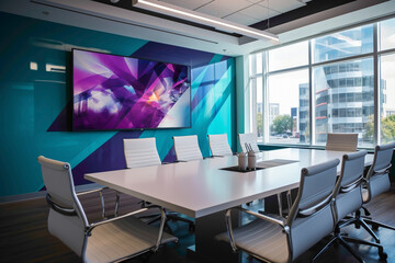 A modern meeting room with a mix of bold teal and purple walls, sleek white furniture, and a large presentation screen for seamless collaboration.