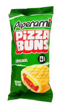 Peperami pizza buns, wheat pastry filled with tomato and herb pizza sauce salami and cheese in a 160g pack containing four pizza buns