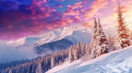 Fototapeta na wymiar Beautiful mountain landscape with pink and purple sky and snow-covered trees