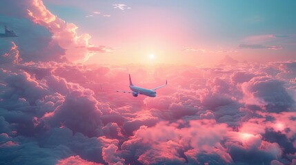 Airplane flying over clouds, embodying global travel, tourism, and leisure, clear summer sky background, concept of holiday planning, vibrant colors, wide angle, AI Generative