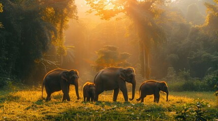 Asian elephant family, gentle giants, meandering through a lush, verdant forest, warm setting sun filtering through the canopy, casting long shadows, serene, familial bond evident, AI Generative