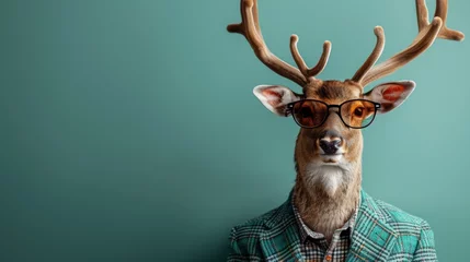 Foto auf Acrylglas Hipster Xmas Deer, boss-like in suit and shades, sitting regally, pastel teal green setting, a blend of festive and trendy,, AI Generative © sorapop