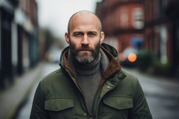 Portrait of a bearded man in a green jacket on the street