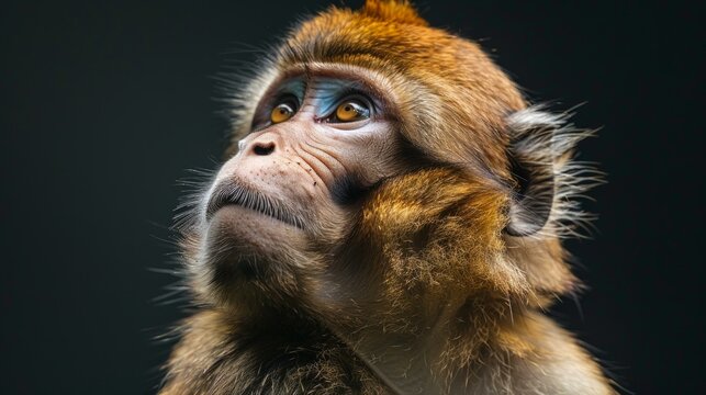 Funny and engaging portrait of a Barbary Macaque, its grin infectious, perfectly isolated on a black backdrop, AI Generative