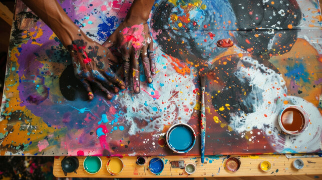A persons hands covered in paint using a variety of brushes and tools to make different patterns on a large canvas. The painting is p on a wooden stage and is being amplified