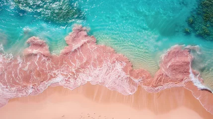 Foto op Plexiglas Spectacular drone view, pink beach, relaxing sunlight, seawater waves on sand, AI Generative © sorapop